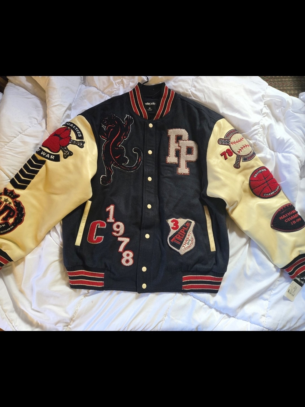 Pelle Pelle Black and Cream Varsity Jacket with Red Accents